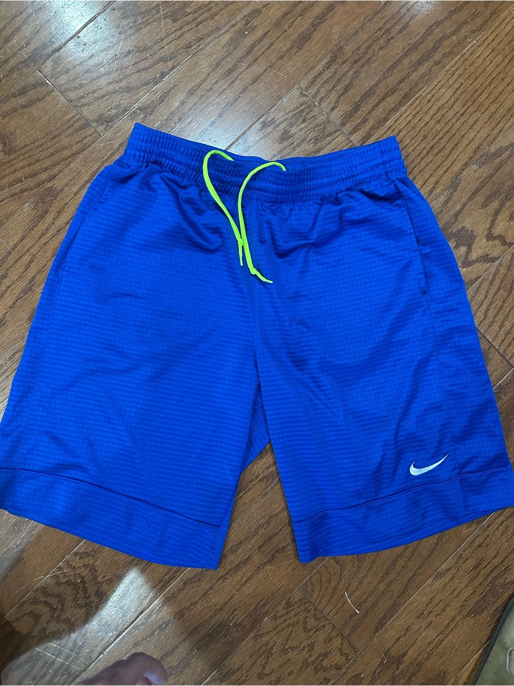 Nike Men's Royal Blue Athletic Shorts with Neon Yellow Drawstring
